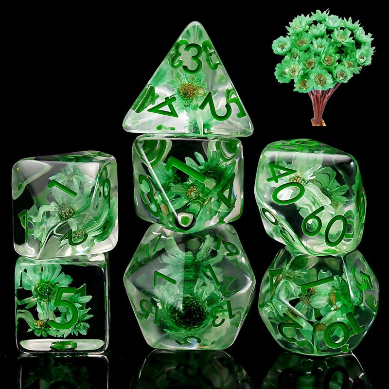 weyano DND Resin Flower Dice Set, D&D Polyhedral Dice for Dungeons and Dragons RPG, MTG Role Playing Games D and D Dice 7pc D20 D12 D10 D8 D6 D4 - Image 1